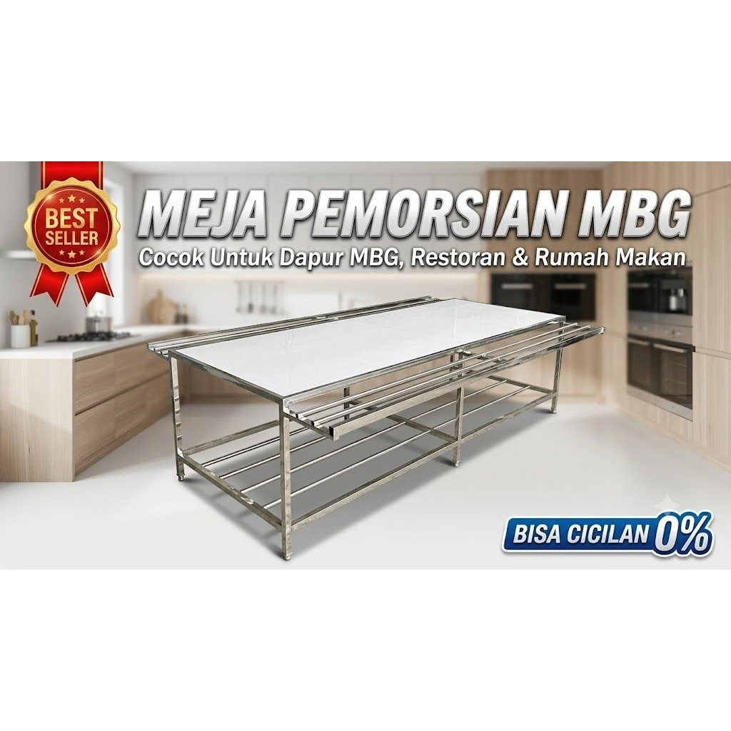 Meja pemosian makanan dapur MBG Stainless Food Grade 304 / Meja Pemorsian Stainless Dapur MBG 300×12