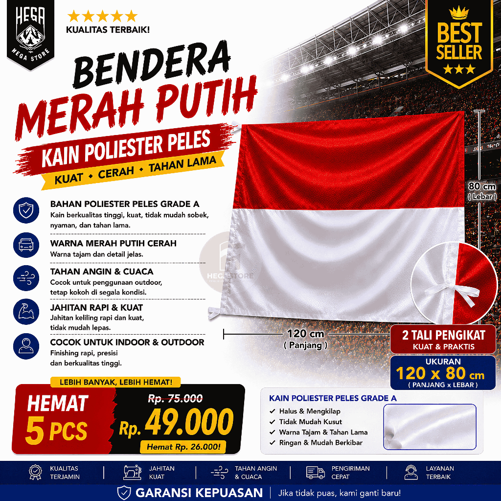 (5pcs) Bendera Merah Putih 120×80 cm – Kain Satin Peles Tebal, Tali Pengikat – untuk Tiang Rumah & U