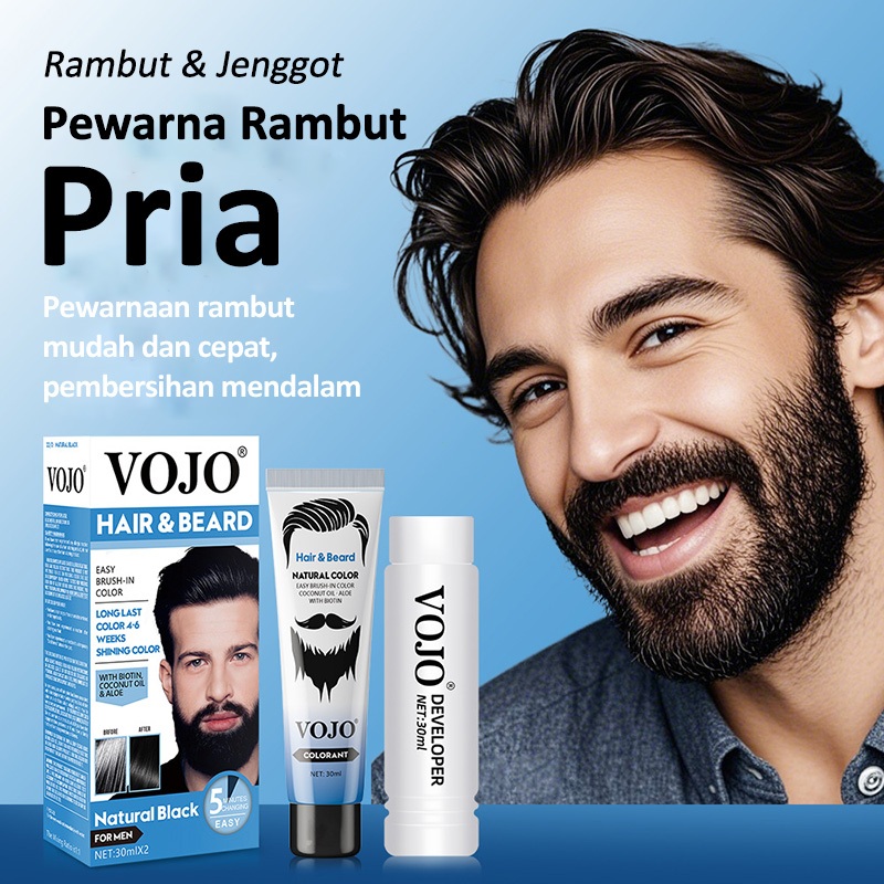 Pewarna Jenggot Pria Penutup Uban Kumis Hair & Beard Color Hitam Natural Coklat Tua Tahan Lama