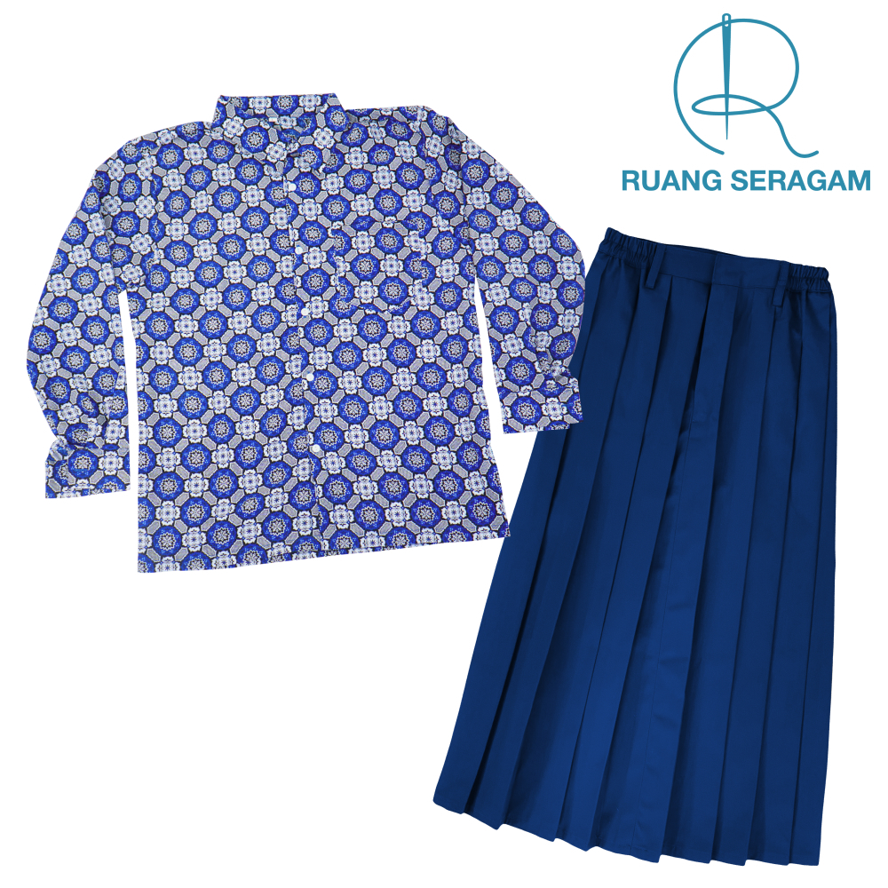 Satu Setelan Seragam Batik Sekolah Anak SMP/MTS Motif Batik Bunga Matahari Biru Lengan Panjang Dan R
