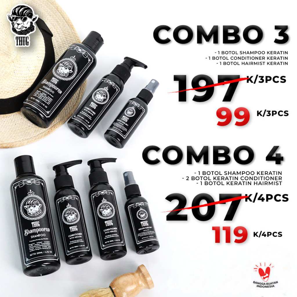 Thug Set Pelurus & Pelembut Rambut Keratin Combo 3/4: Shampo Conditioner Hairmist Hi-tech Keratin Ra