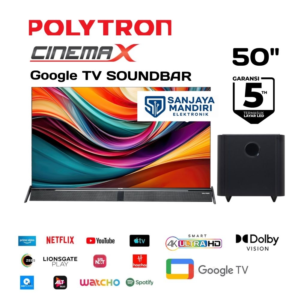 Garansi 5 Tahun POLYTRON UHD 4K Google TV CinemaX With SOUNDBAR SPEAKER 50 Inch Dolby Audio 50BUG505