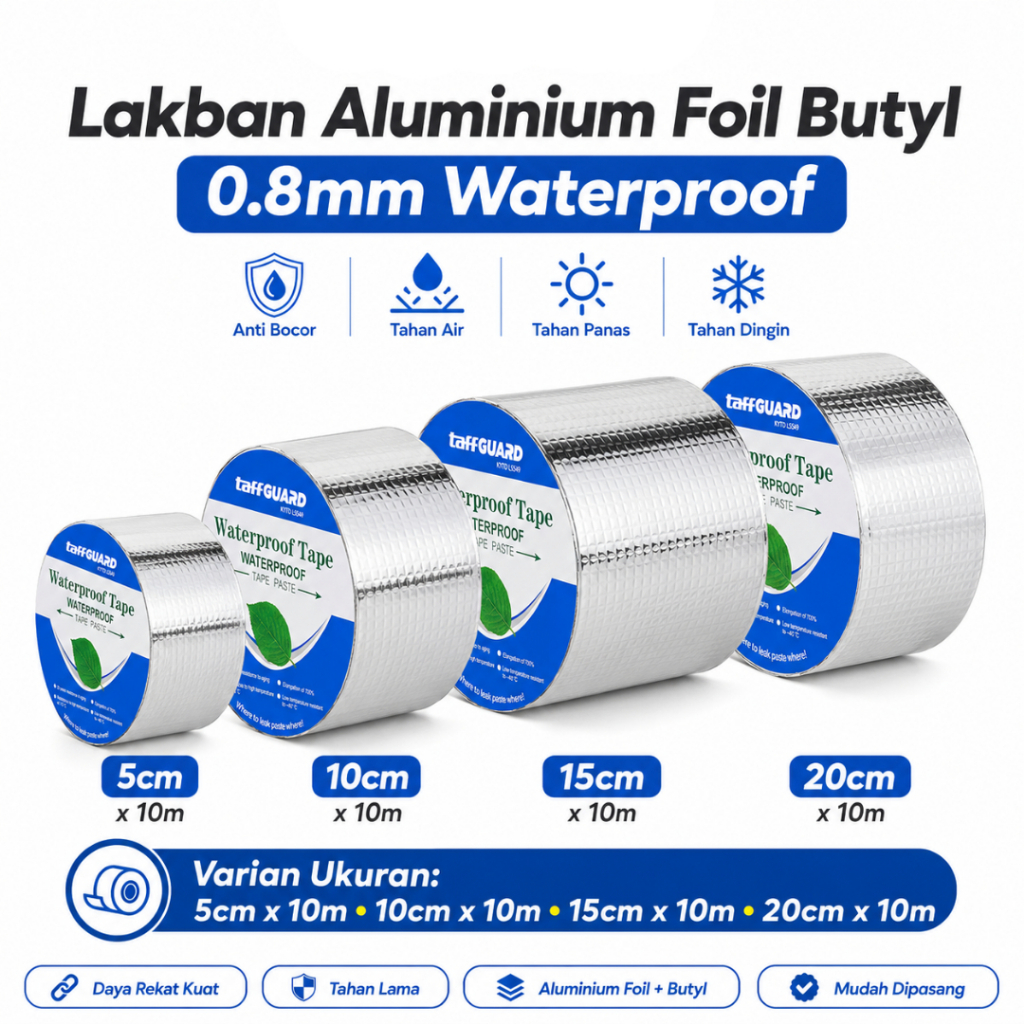 Lakban Aluminium Foil Butyl Waterproof 0.8mm TaffGUARD Tape Anti Bocor Tahan Panas 5/10/15/20cm x 10