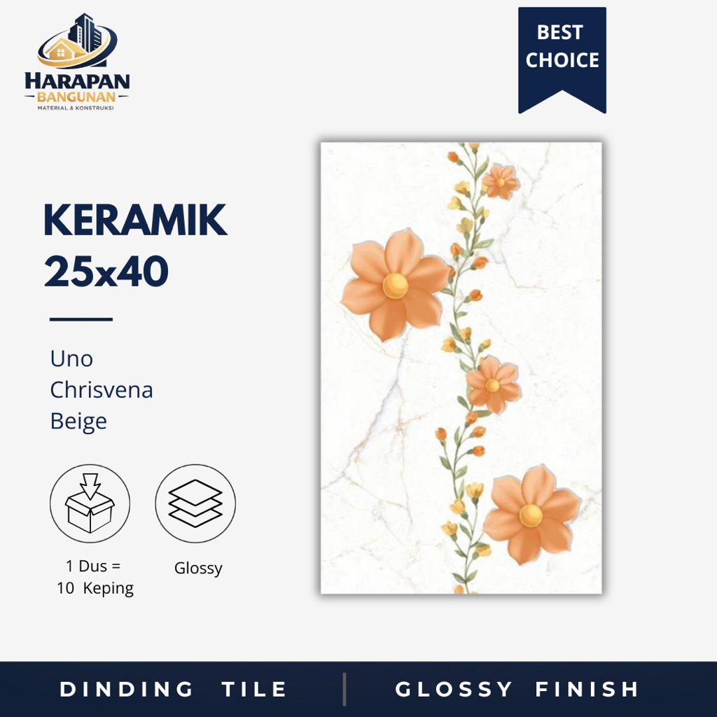 Keramik Dinding Kamar Mandi 25x40 Uno Chrisvena Beige Keramik Glossy Oren Bunga Bunga 25 x 40