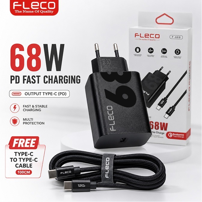 Charger FLECO Adaptor 68 WATT free kabel PD C to C Fast Charging Super VooC