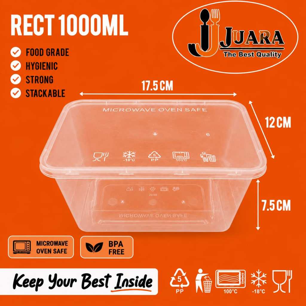 Kotak Makan Anti Pecah Thinwall JJ JUARA Tepak Plastik Tahan Safe Microwave Thinwall Lunch Box 1000m