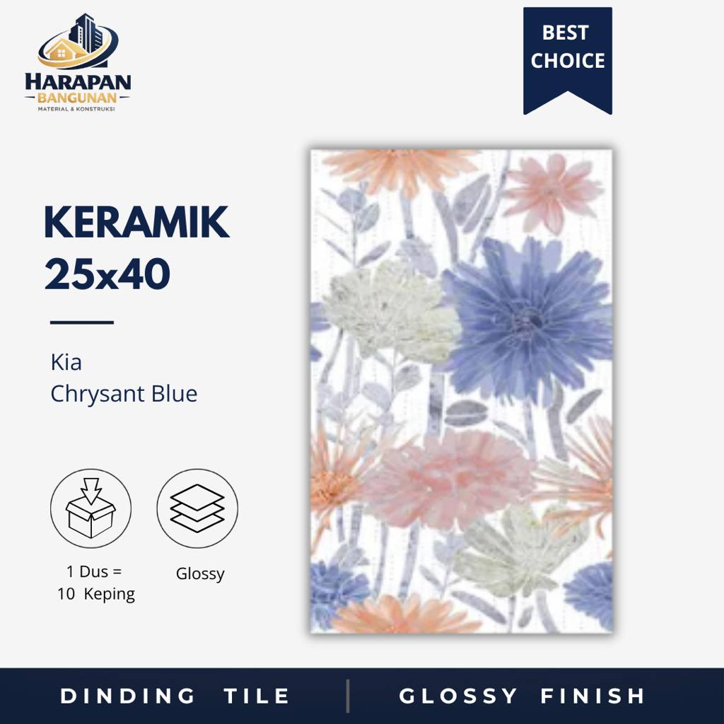 Keramik Dinding Kamar Mandi 25x40 KIA Chrysant Blue Keramik Glossy Bunga Bunga Toilet 25 x 40