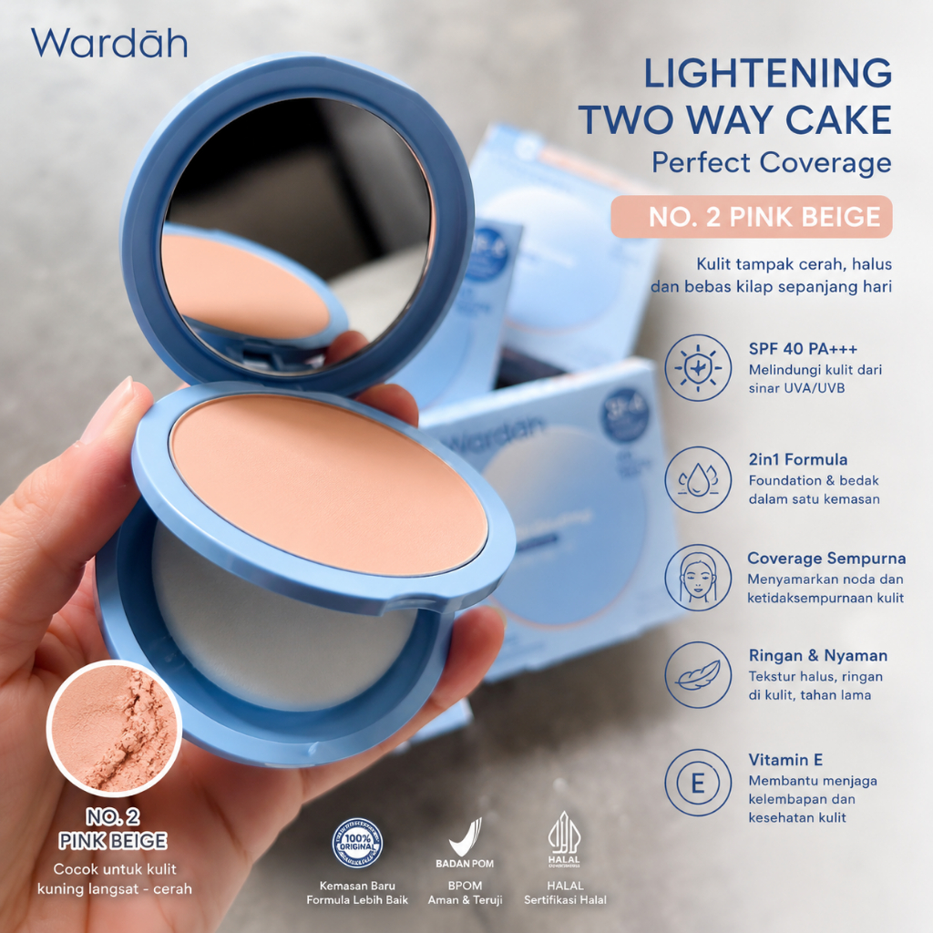 Wardah Lightening Two Way Cake No 2 Pink Beige Bedak Padat SPF 40 PA+++ Original BPOM