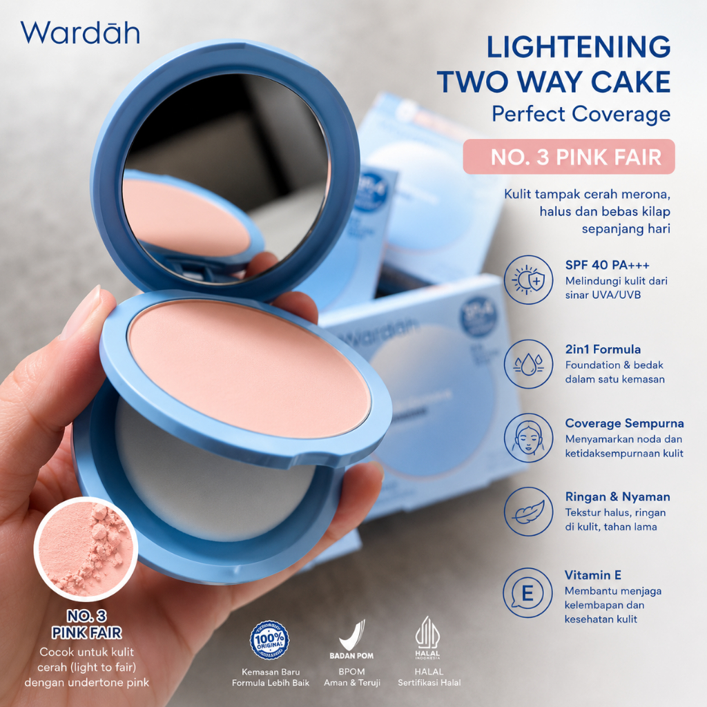Wardah Lightening Two Way Cake No 3 Pink Fair Bedak Padat SPF 40 PA+++ Original BPOM