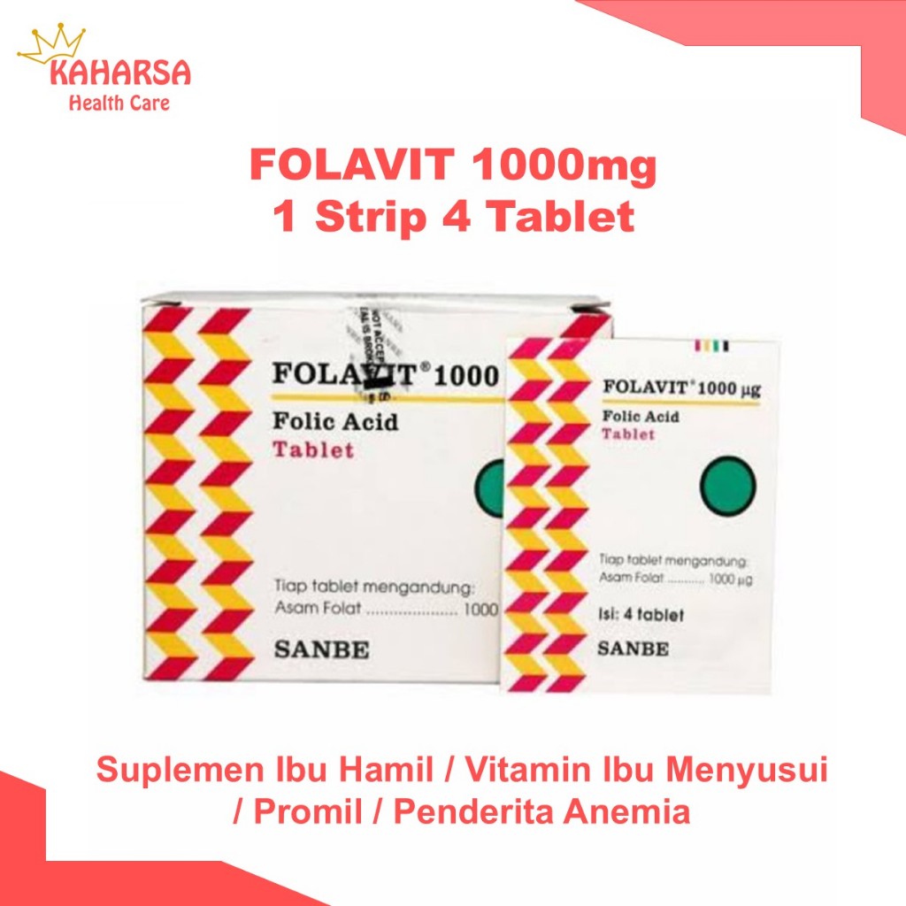 FOLAVIT 1000mg 1 Strip 4 Tablet - Suplemen Ibu Hamil / Vitamin Ibu Menyusui /Promil / Penderita Anem