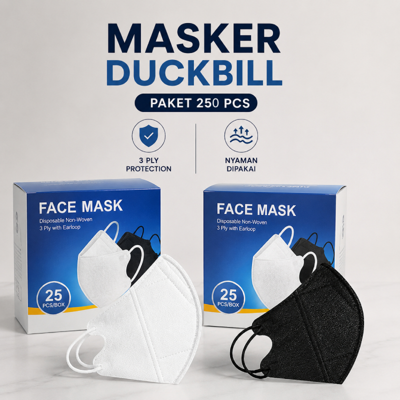 Masker Duckbill Disposable Mask Hitam Putih 3ply Nobox @Paket 250