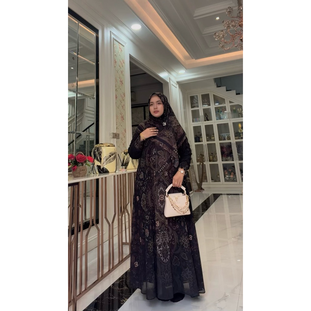Gamis Hijab Voal Printing Hitamm by Eldeena syari