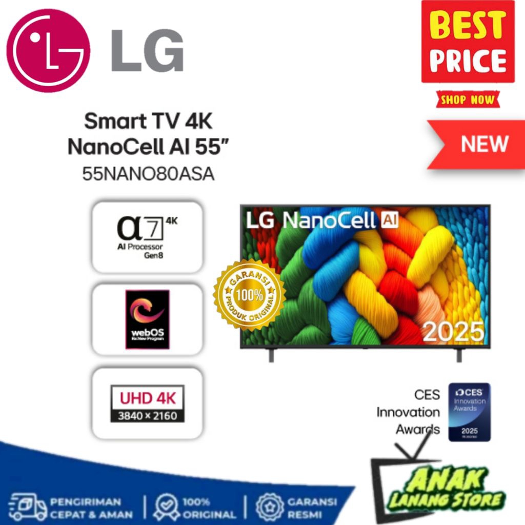 LG UHD NANOCELL 55 INCH 55NANO80ASA 4K UHD SMART TV AI 55NANO80 GARANSI RESMI