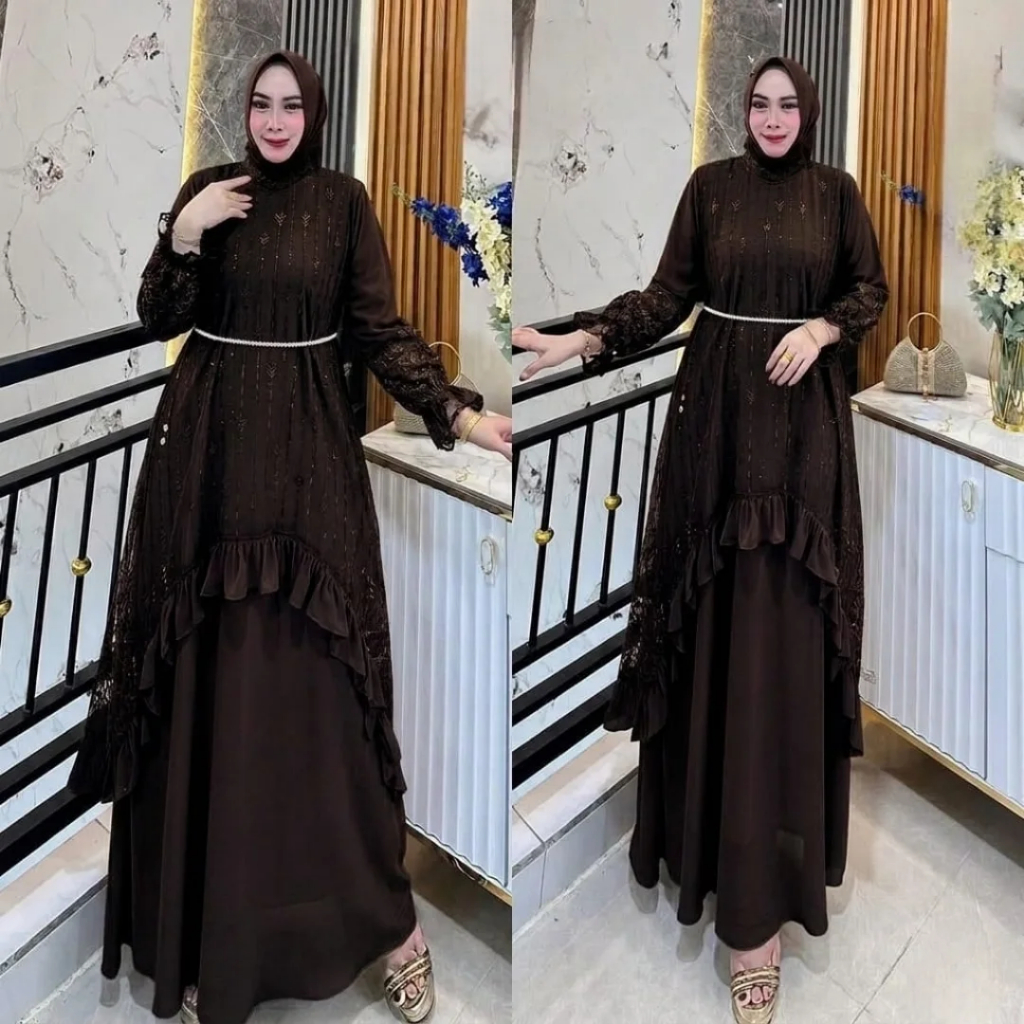 Dress Pesta Terbaru Silvana Dress Ceruty Babydoll Mix Brukat Gamis Lebaran Wanita Kekinian Gamis Sim
