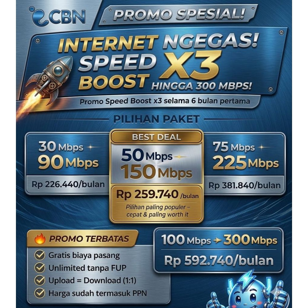 Layanan Pemasangan Baru WiFi CBN Fiber 30 Mbps - Internet Unlimited Rumah & Bisnis