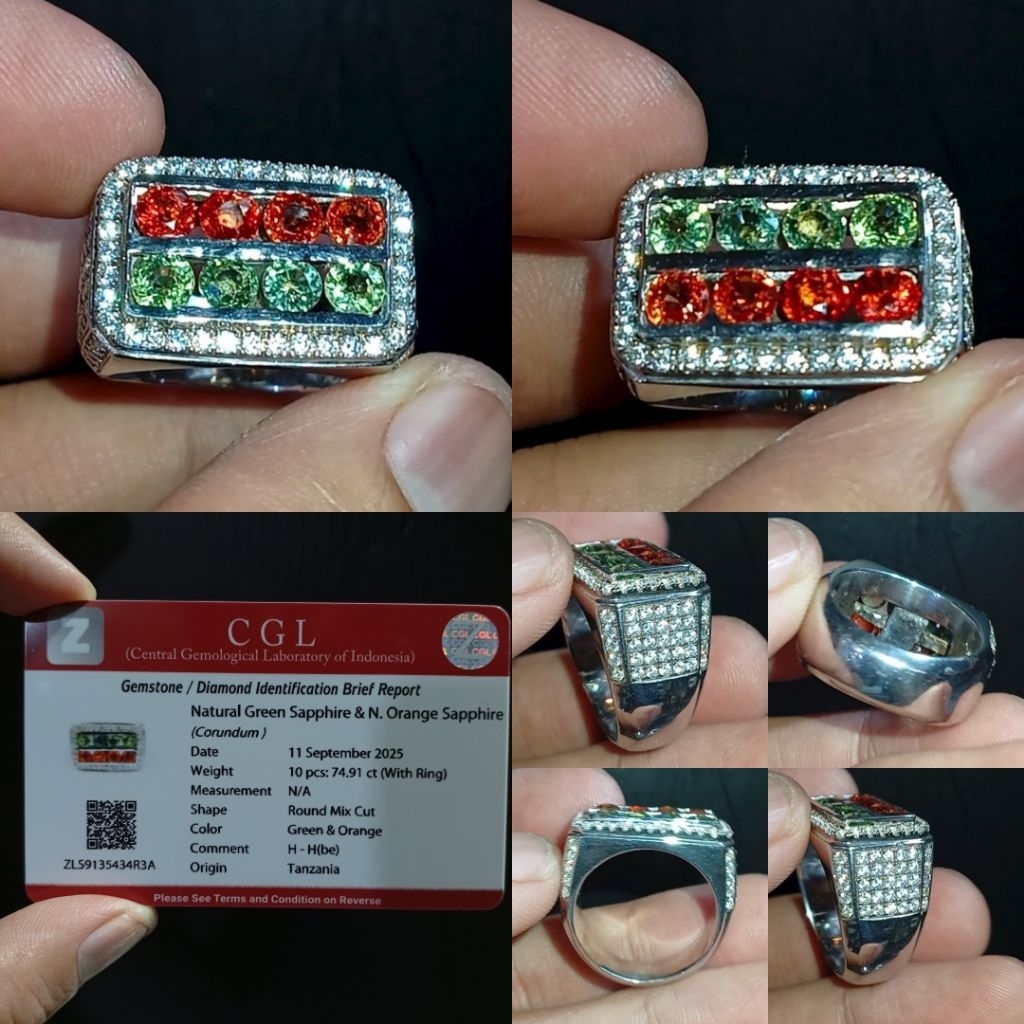 Ring Stempel 2 jenis Batu Permata Sapphire dim 3 mm Orange Sapphire Songea dan Green Sapphire Tanzan