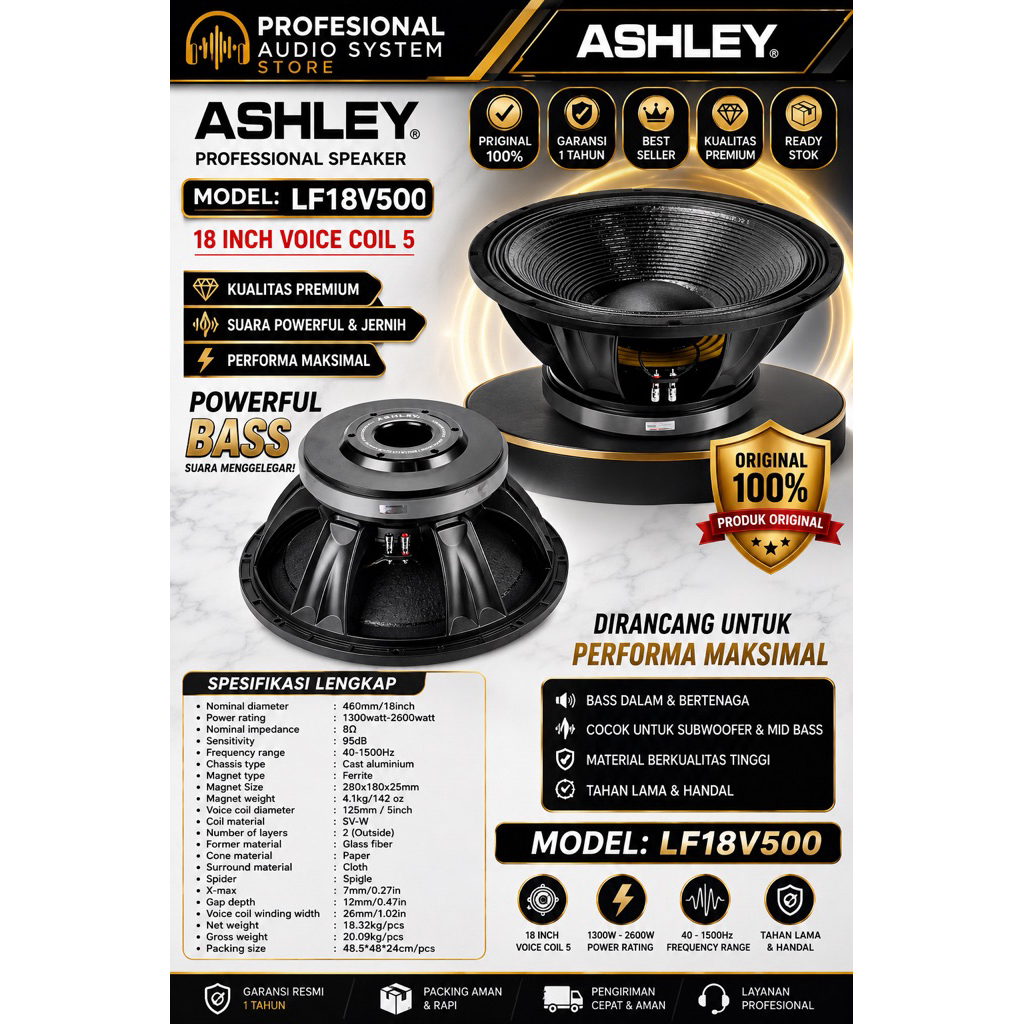 SPEAKER KOMPONEN ASHLEY 18INCH VOICE COIL 5INCH LF18V500 LF 18V500 ORIGINAL RESMI ASHLEY