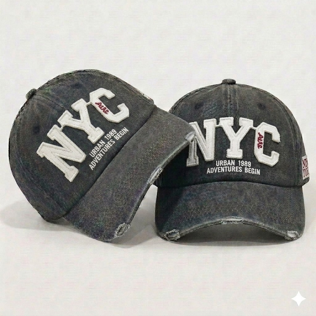 Topi Baseball Wash Denim Logo NYC Model Visor Sobek Termurah