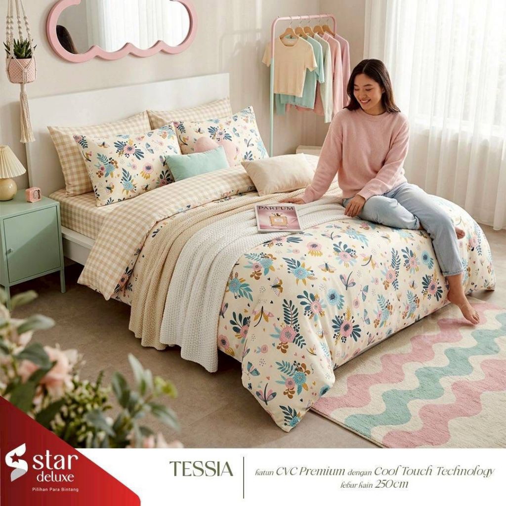 SPREI SET MOTIF TESSIA PUTIH Sprei katun lokal || Sprei anti geser || Sprei homemade
