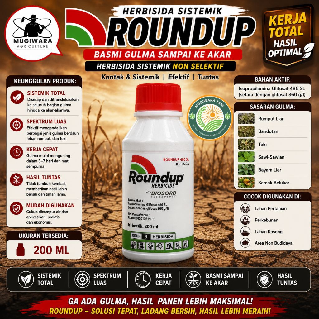 Herbisida ROUNDUP 486SL 200ML  - HERBISIDA SISTEMIK RACUN RUMPUT | GULMA DAUN LEBAR & SEMPIT