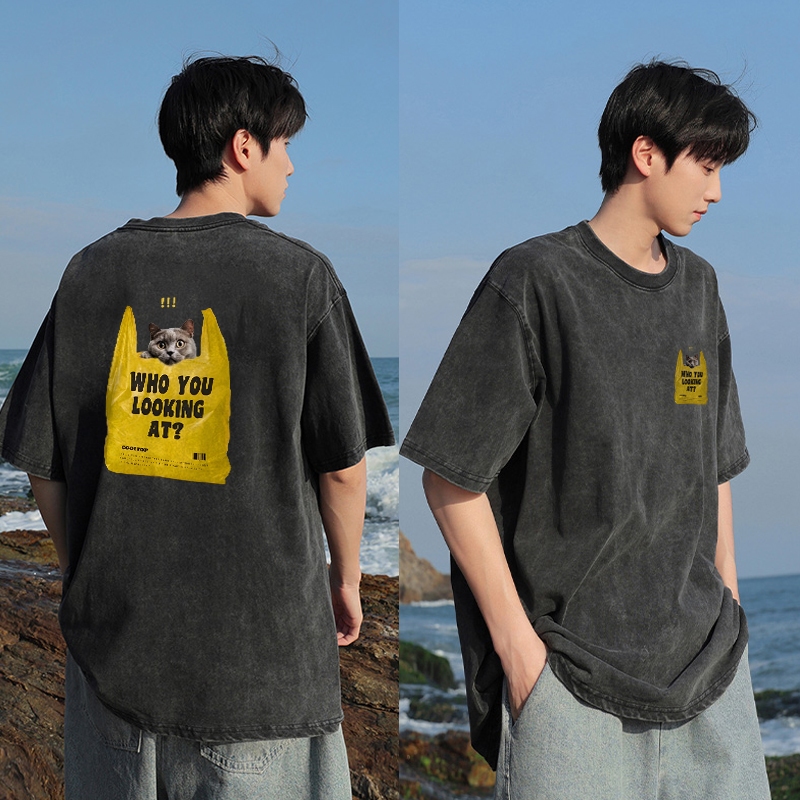 PUERTO Kaos Distro Pria Washed Tshirt Vintage Oversize Tas Jinjing Plastik Kucing Abu-abu Baju Cowok
