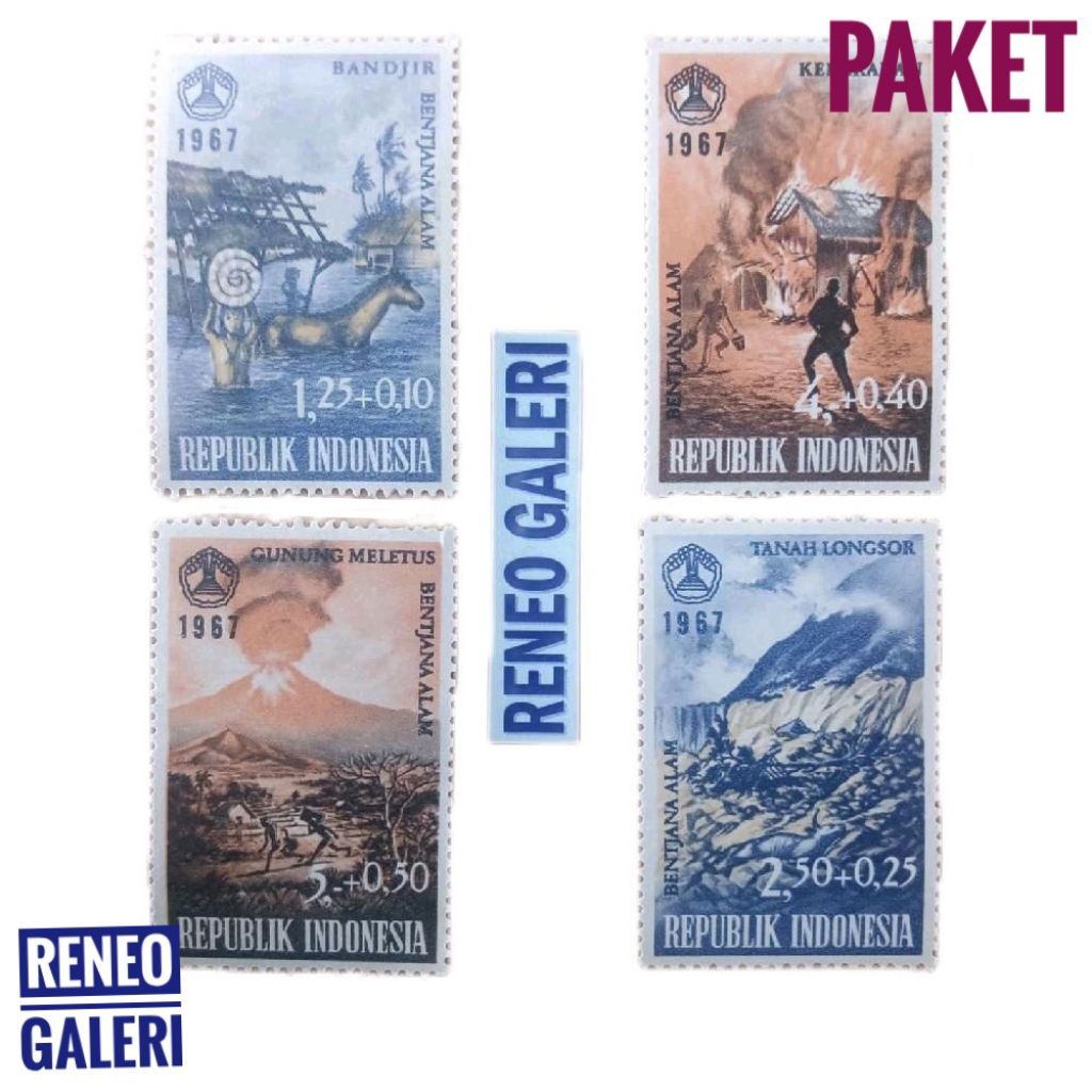 Paket 4 variasi prangko seri bencana alam nasional tahun 1967 set lengkap perangko lama kuno antik F