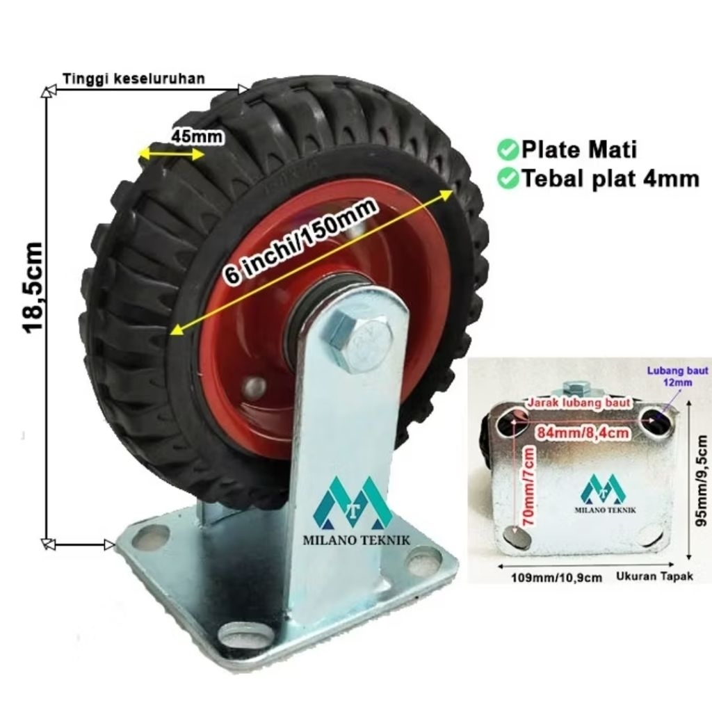 Roda 6 inchi Karet Kembang sepasang (Mati/Hidup/Rem)+Double Bearing Heavy Duty Troli Gerobak