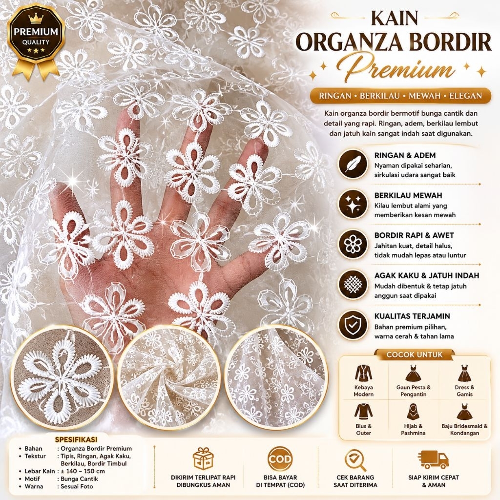 bahan organza bordir premium - bordir kuat timbul - berkilau dan mewah - organza meteran