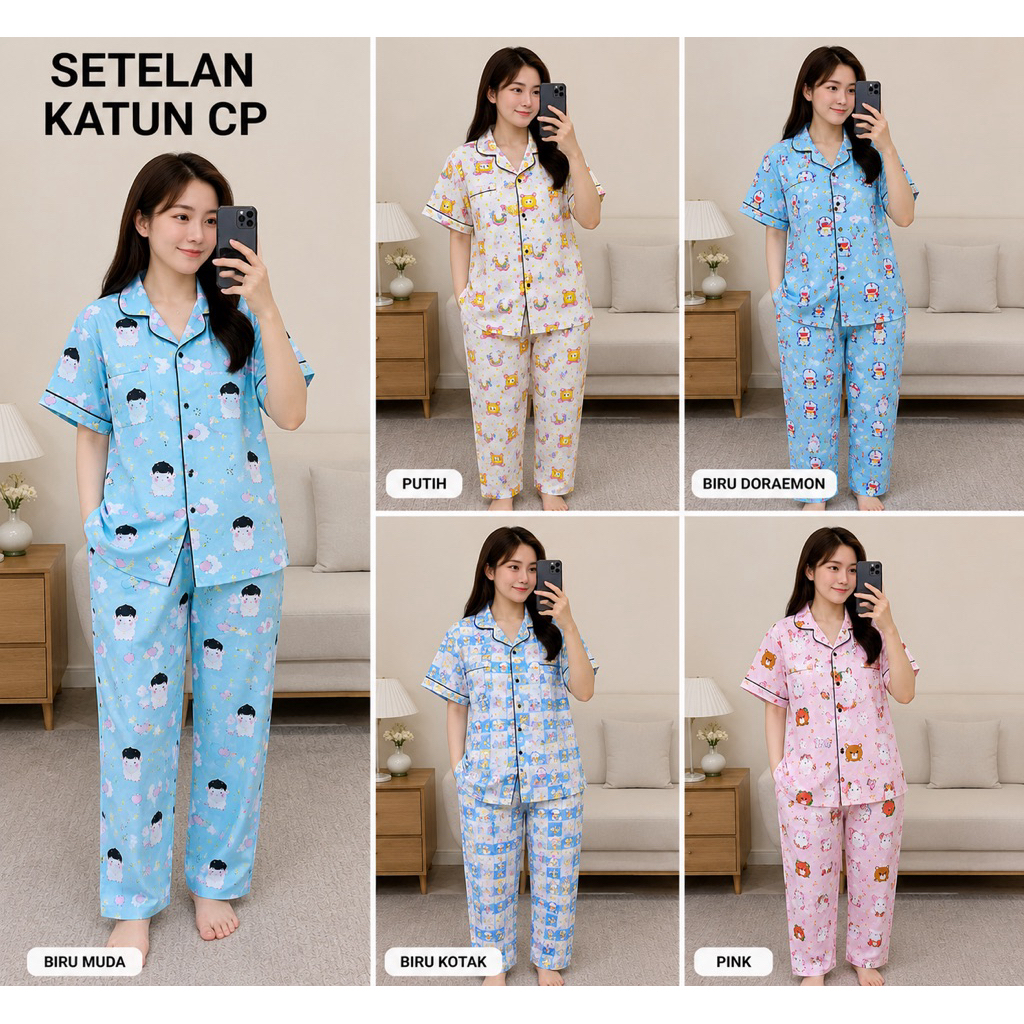 Setelan tidur katun CP / Setelan tidur CP / setelan tidur polos / setelan tidur karakter / baju tidu