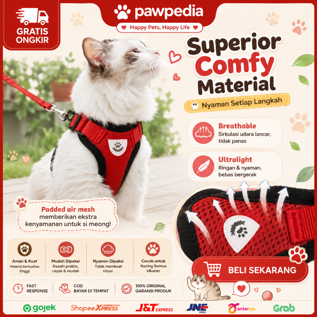 pawpedia - Tali Tuntun Murah Kucing Anjing Kelinci Musang Monyet dan Hewan Lain Tali Harness Rompi P