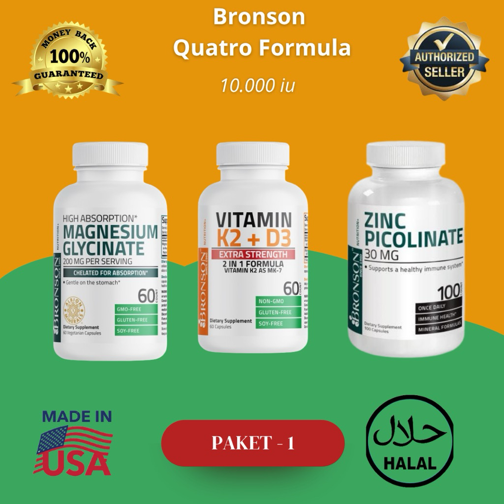 Paket Quatro Formula Bronson Original USA Vitamin D3K2 Magnesium Zinc Picolinate