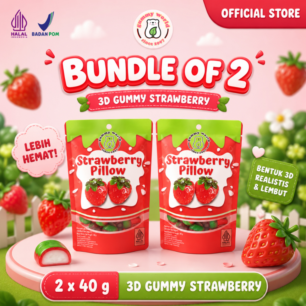 3D Bites Gummy - Bundle isi 2 x 40g / 3D Strawberry / Permen Gummy Candy