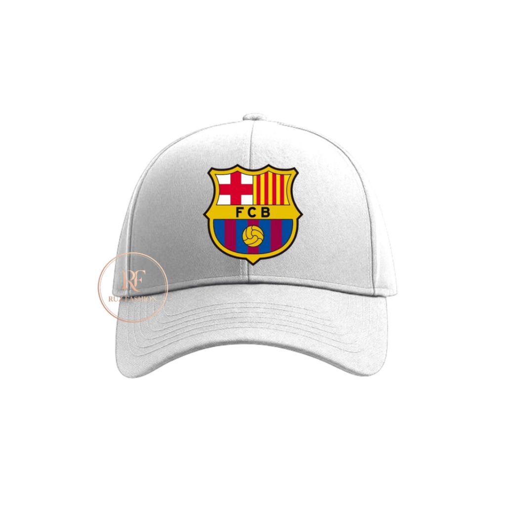 Topi baseball anak-anak motif sablon gambar logo klub bola Barcelona.