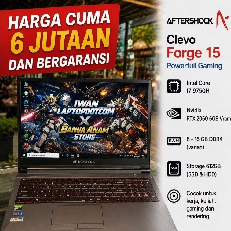 LAPTOP GAMING SULTAN AFTERSHOCK CLEVO FORGE 15 RTX 2060 I7 GEN 9 RAM 16GB 612GB STORAGE - KERJA, KAN