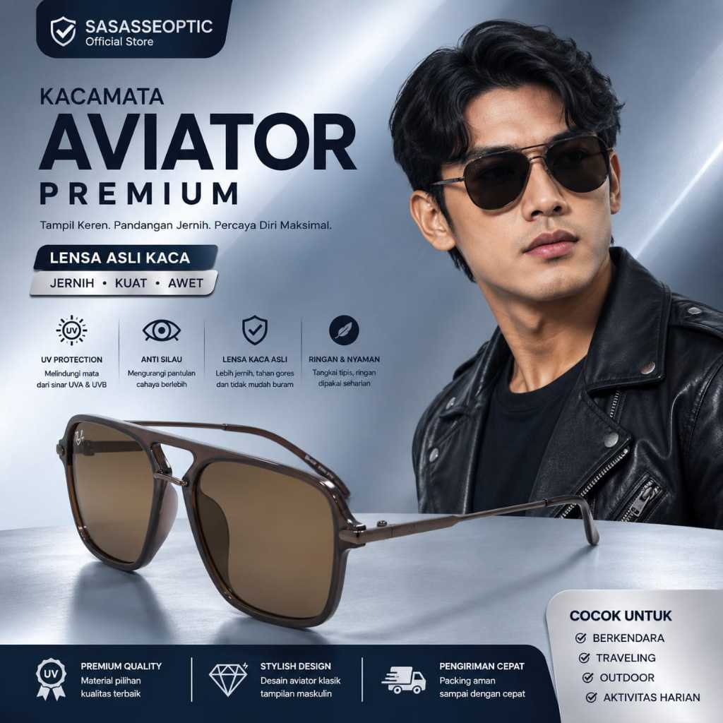 Kacamata Aviator Pria Wanita Lensa Asli Kaca UV400 Anti Silau Stylish Elegan