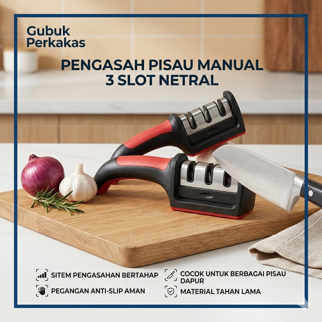 Pengasah Pisau Dapur 3 Slot Manual - Alat Asah Pisau Tungsten & Keramik Multifungsi Anti Slip
