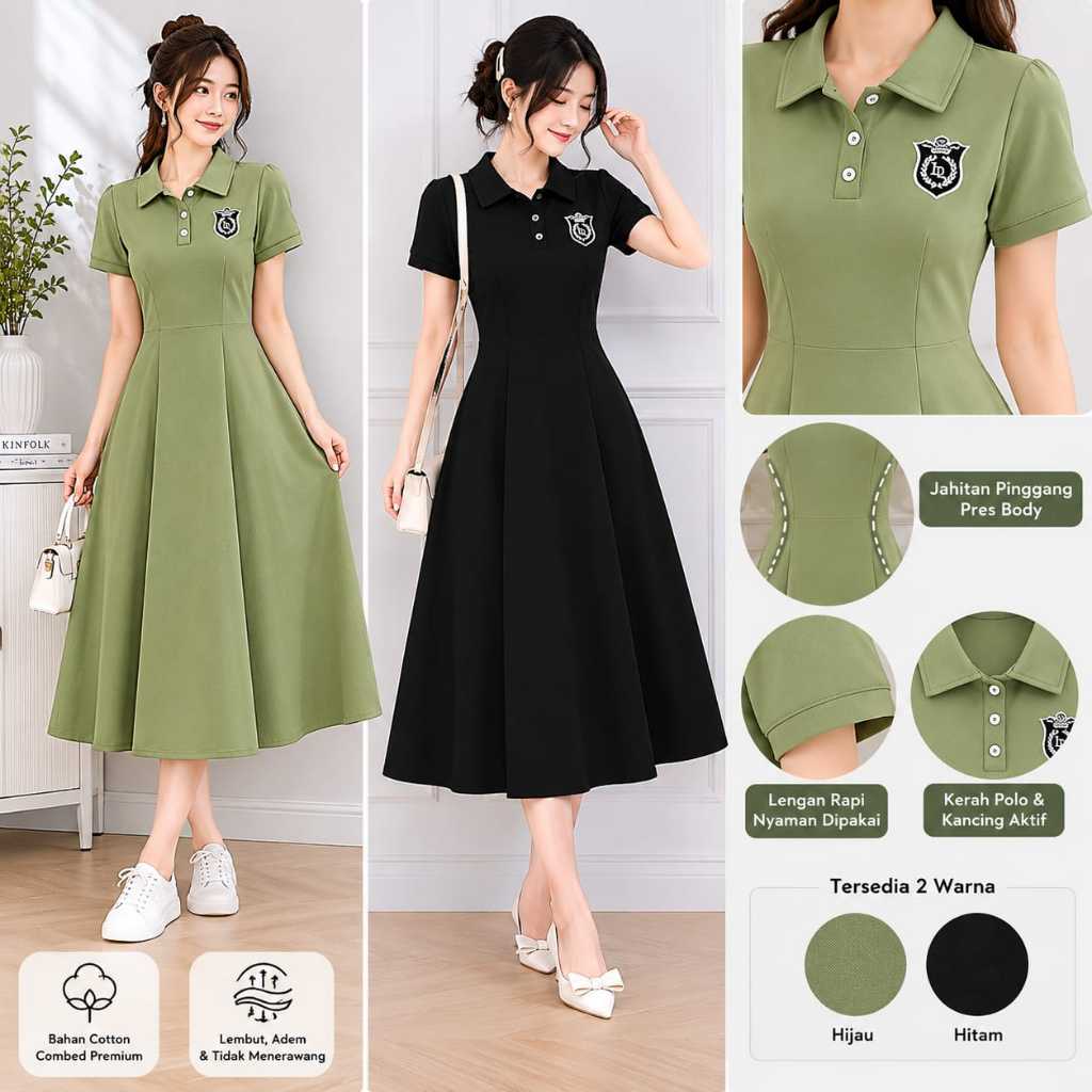 Dress Wanita Korean Style Midi Dress Selutut A-Line Casual Elegant Dress Wanita Kekinian Premium Hit