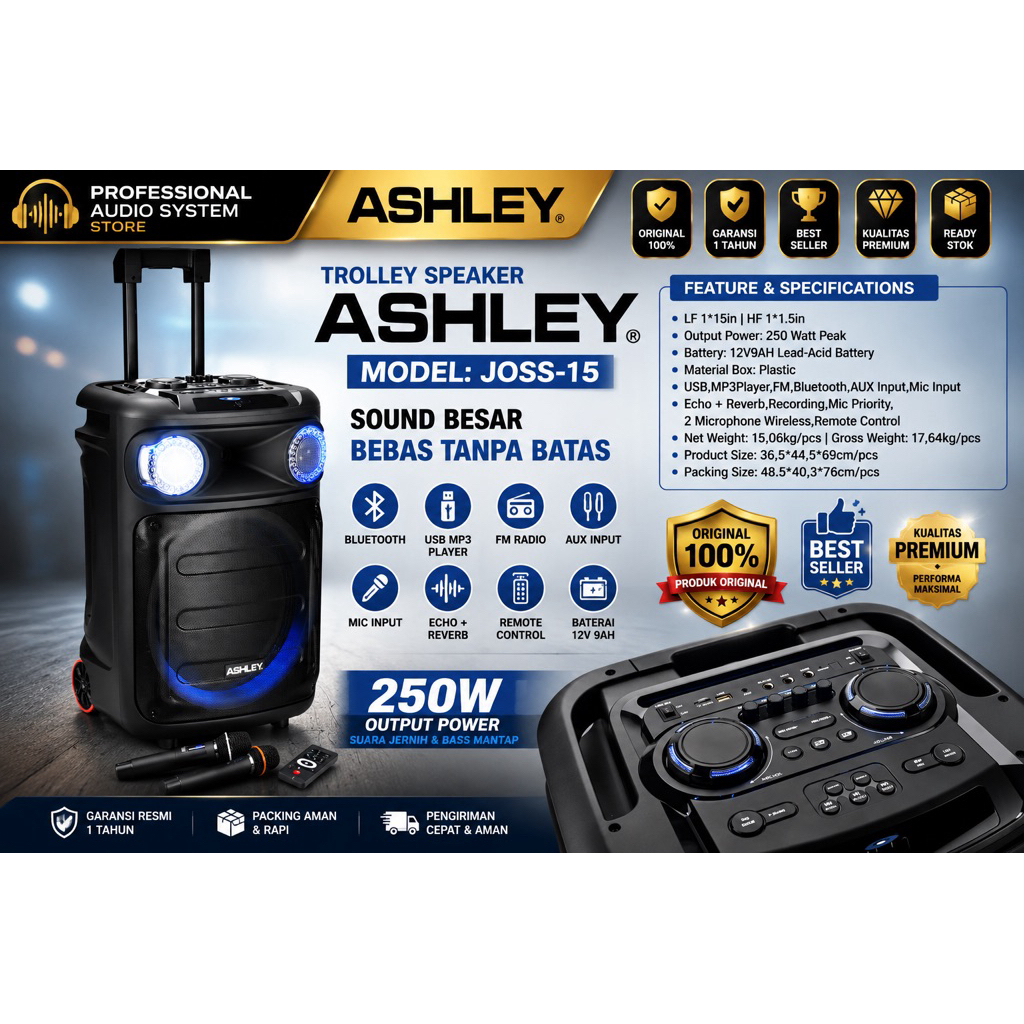 SPEAKER PORTABLE ASHLEY TROLLEY SPEAKER ASHLEY 15INCH FREE MIC WIRELESS JOSS15 JOSS 15 JOSS-15 ORIGI