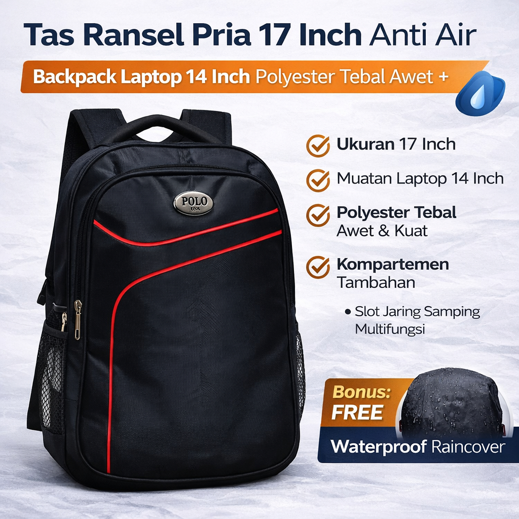 TAS CENTER BRAND POLO TAS BACKPACK PRIA RANSEL PRIA TAS POLO RANSEL POLO + JAS HUJAN