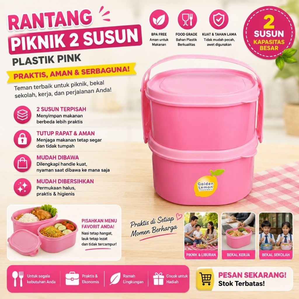 Rantang Piknik Anak 2 Susun Plastik Golden Lemon RP-123-2