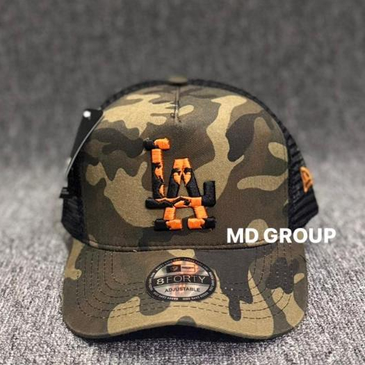 Topi Jaring LA Loreng Camo Orange Hitam Premium / Topi Trucker New Era 9FORTY Los Angeles Baseball C