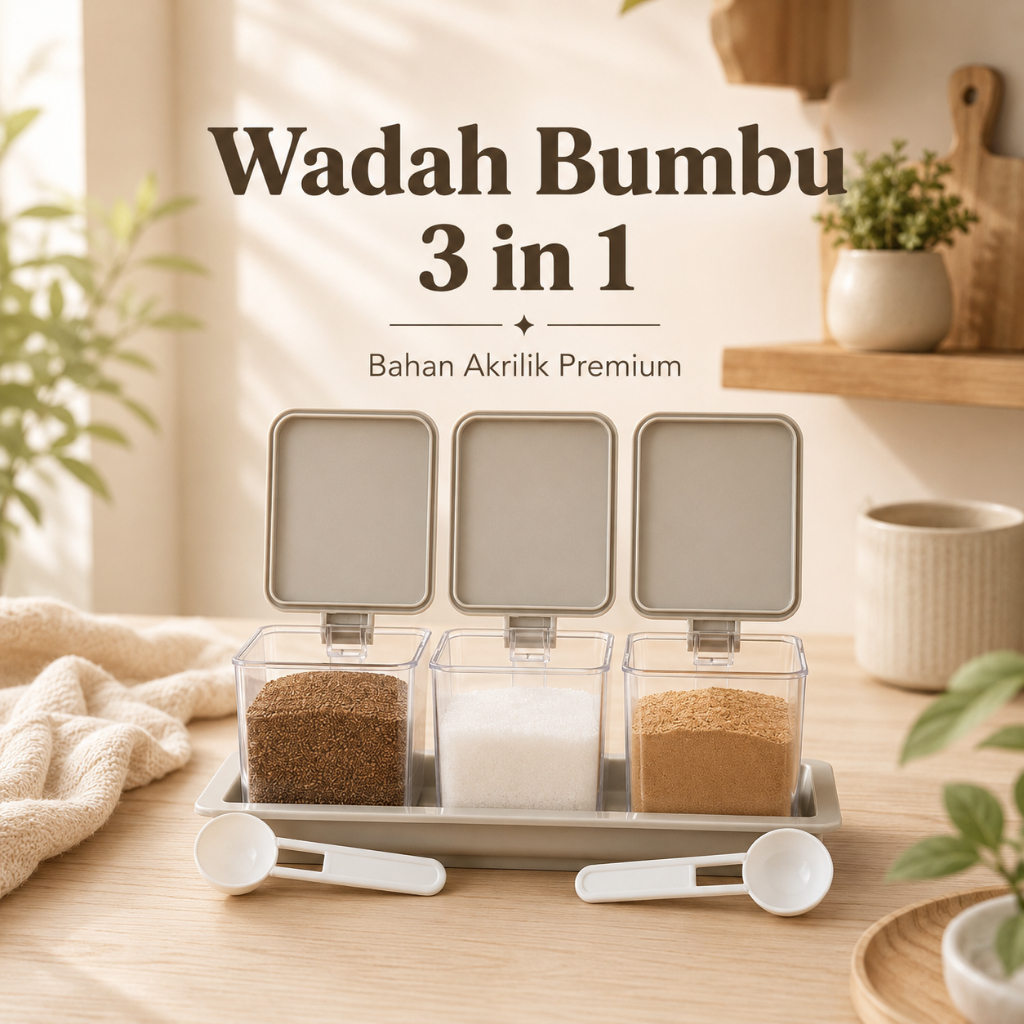 Tempat Bumbu Dapur Set 3 in 1 Wadah Penyimpanan Modern Bahan Akrilik Premium FREE NAMPAN + SENDOK