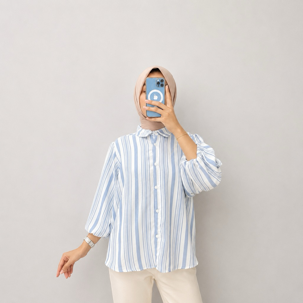 Kemeja Oversize Wanita Motif Salur Blue Denim – Bahan Crinkle Yarded Adem / Atasan Wanita Salur Biru