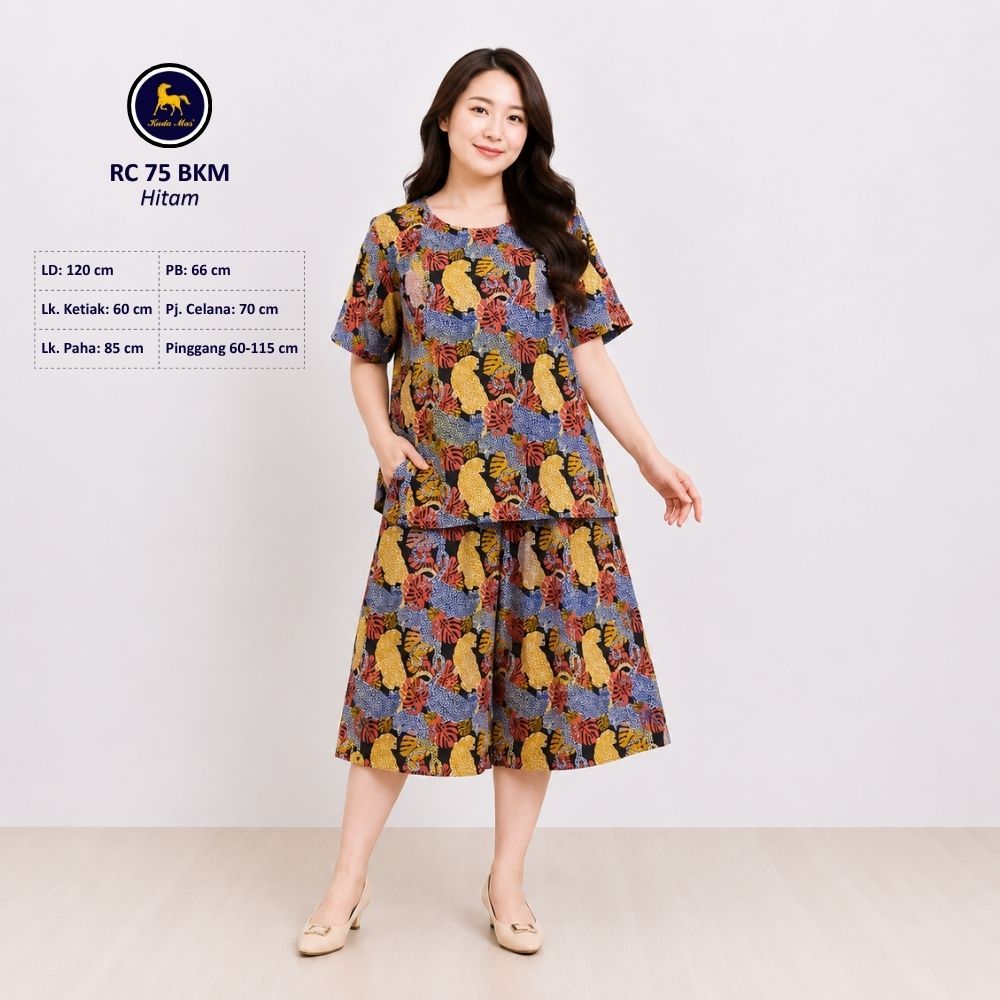 Batik Kuda Mas Setelan RC 75 LD 120cm | Piyama Wanita Kulot Pendek Lengan Pendek 2 Kancing Depan