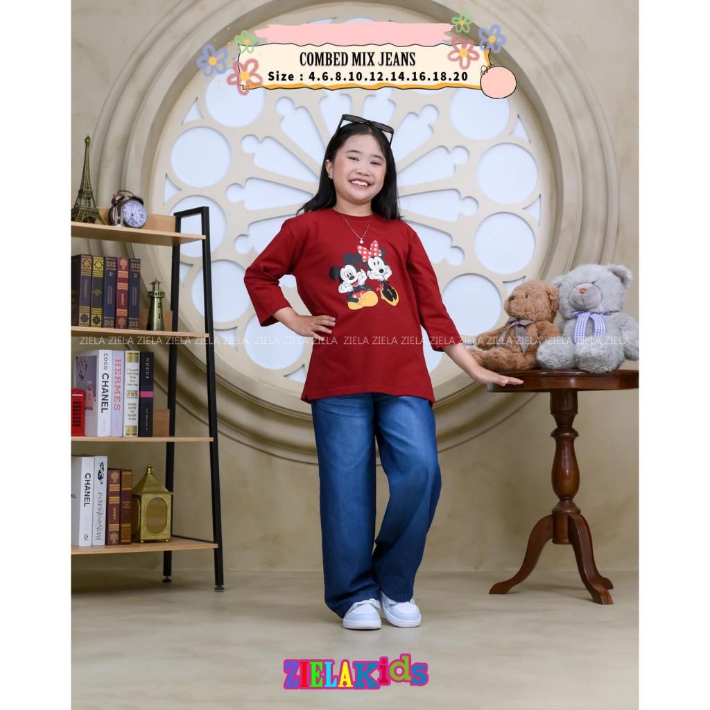 One set anak Mickey Mouse Ziela lengan 7/8 celana jeans skena kekinian usia 4 tahun sampai 14 tahun 