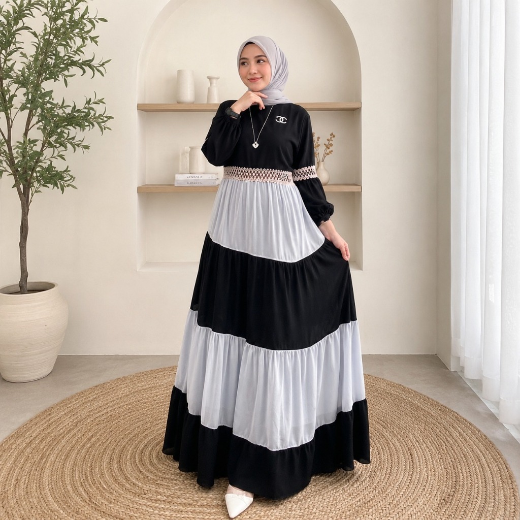 Gamis Ceruti Modern Erila Dress MC/BO Bahan Ceruty Babydoll Full Furing Aplikasi Renda Lingkar Dada 