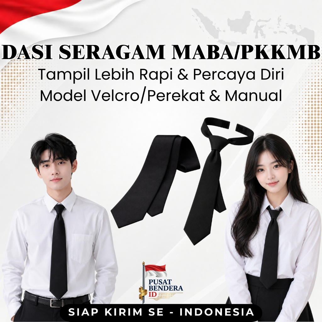 Dasi Hitam Polos Instan Perekat Velcro & Manual - Dasi Sekolah Sidang Ospek Kerja Cowok Cewek - Pusa