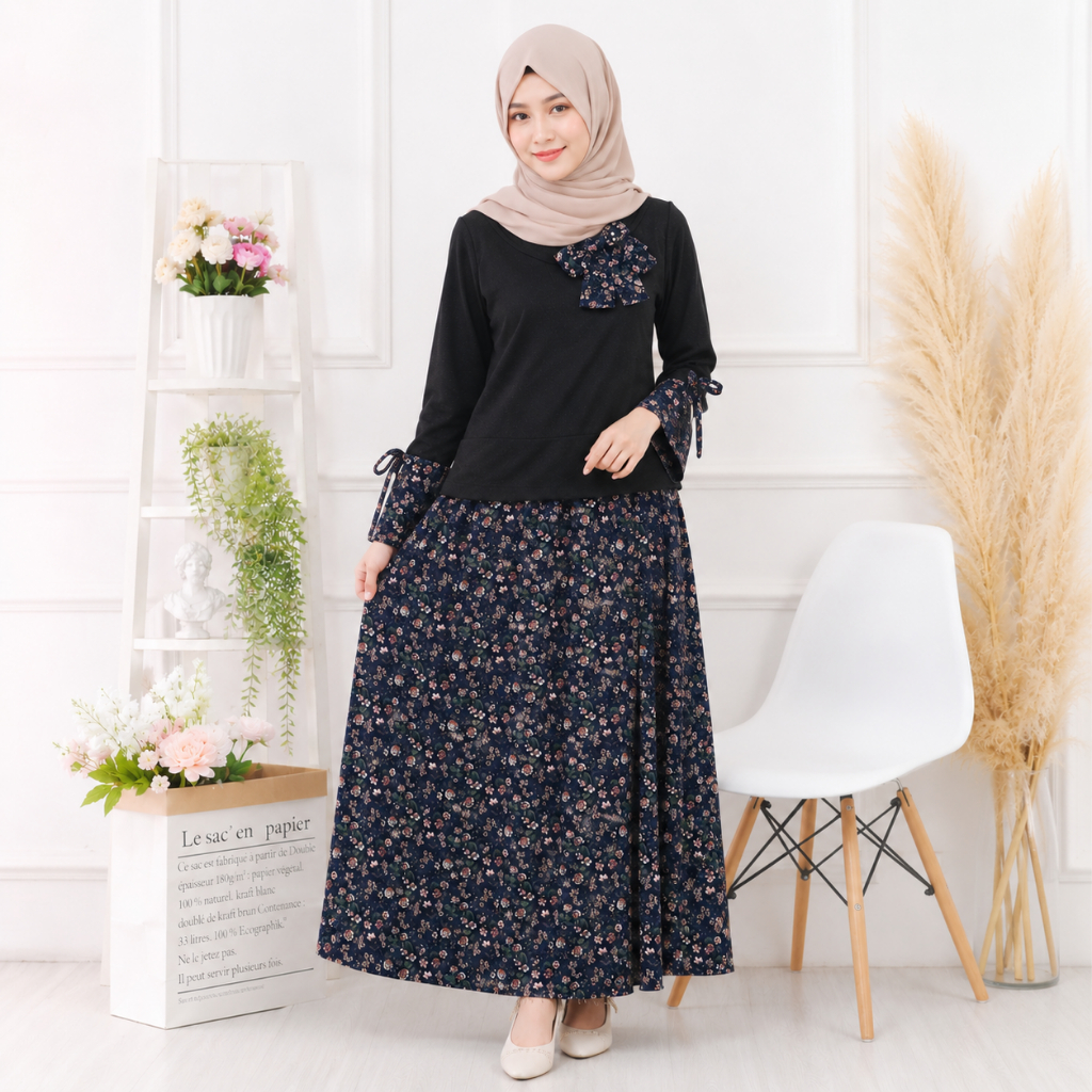 Obral Gamis Remaja Kombinasi Motif Bunga