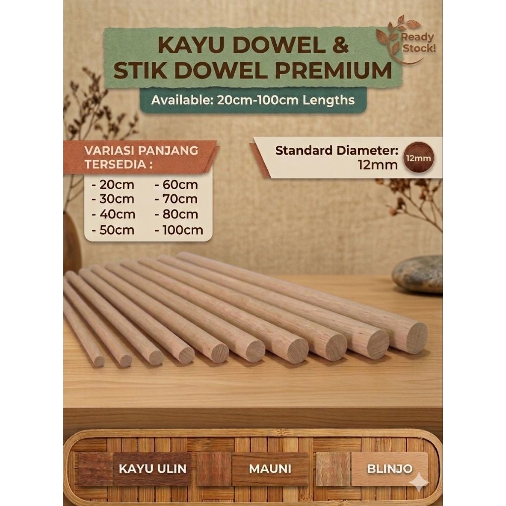 kayu dowel, stik dowel, kayu bulat 12mm