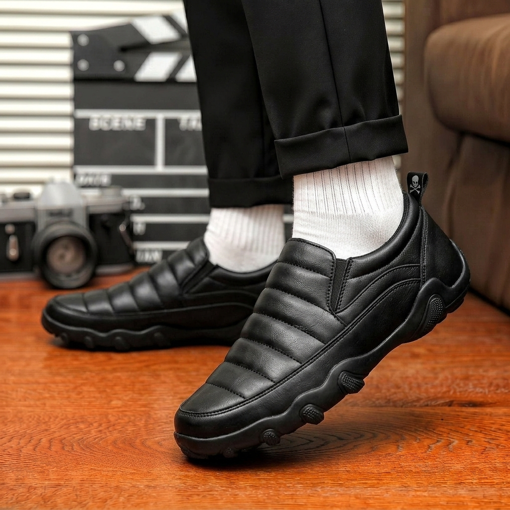 Sepatu Casual Slip On Hitam Kerja Pria Kulit Sintetis